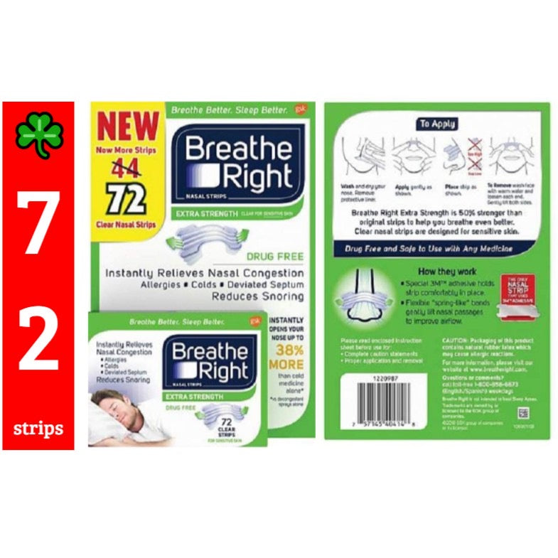 ☘️ 72 Count Breathe Right Extra Strength Nasal Strips | CLEAR STRIPS (GREEN BOX)