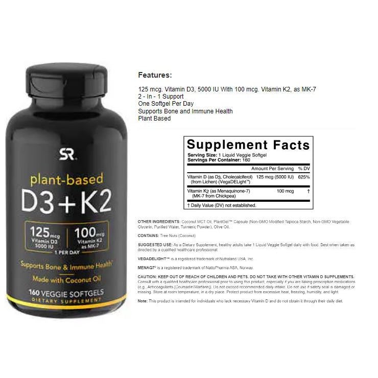 ☘️ 160 Softgel Sports Research Vitamin D3 K2 with 5000iu of Vegan D3 & 100mcg of Vitamin K2 as MK7 | Non-GMO