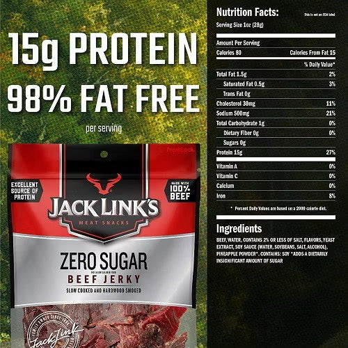 ☘️7.3oz (207g) Jack Link’s Zero Sugar Beef Jerky, Keto Friendly Snacks with No Artificial Sweetener