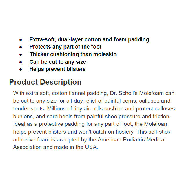 ☘️Dr. Scholl's Molefoam Padding 4 1/8” x 3 3/8”  | all-day relief of painful corns, calluses and tender spots