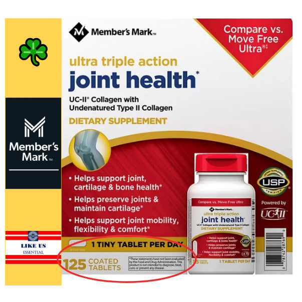 ☘️125 Tiny Coat Tablets Exp 01/2026 Member's Mark Ultra Triple Action Joint Health | Type II Collagen (UC-II®)