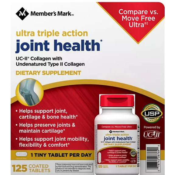 ☘️125 Tiny Coat Tablets Exp 01/2026 Member's Mark Ultra Triple Action Joint Health | Type II Collagen (UC-II®)