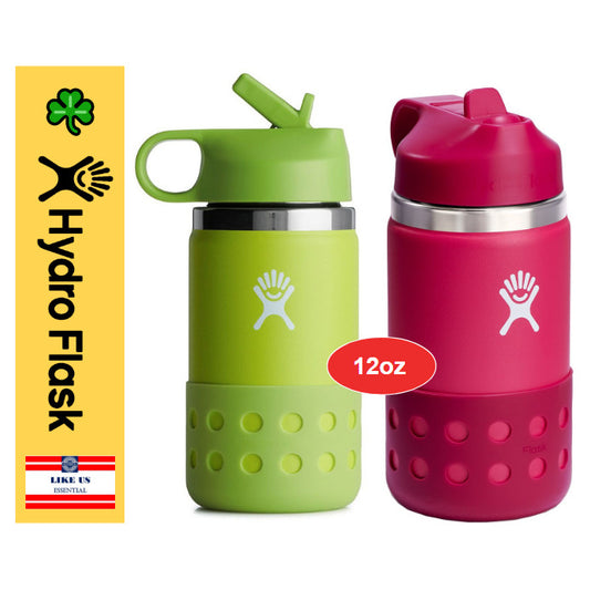 ☘️ 正品 12 盎司 Hydro Flask 儿童宽口水壶，带吸管盖和护套 | 不含 BPA | 不适合盛放热液体