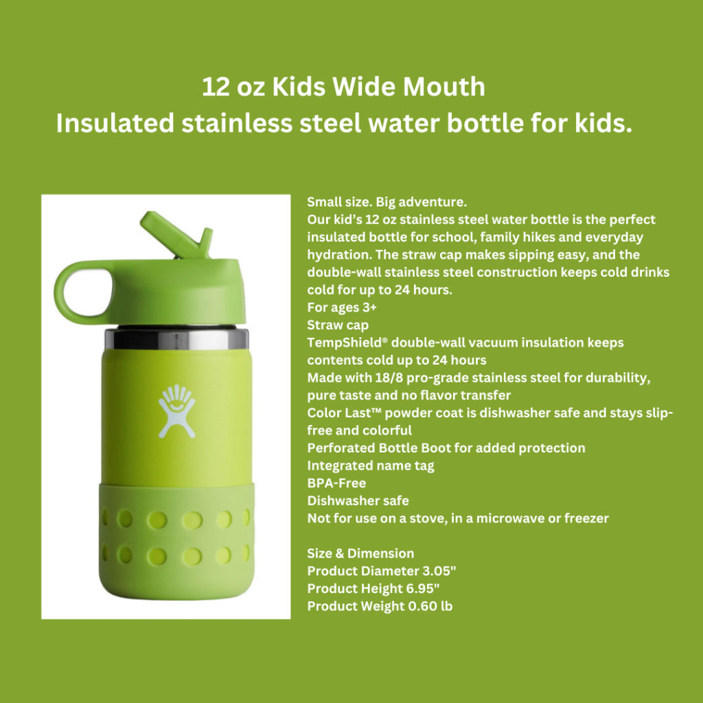 ☘️ Authentic 12oz Hydro Flask Kids' Wide Mouth Bottle with Straw Lid and Boot | BPA-Free | Not intended for hot liquids