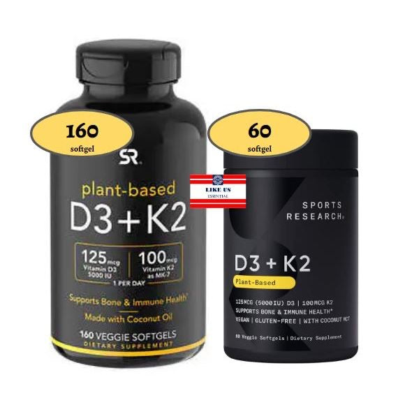 ☘️ 160  Softgel Sports Research Vitamin D3 K2 with 5000iu of Vegan D3 & 100mcg of Vitamin K2 as MK7 | Non-GMO