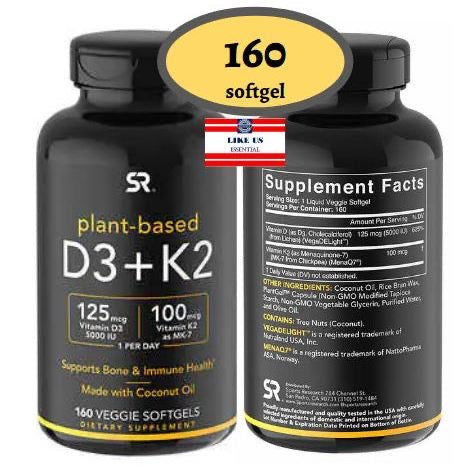 ☘️ 160  Softgel Sports Research Vitamin D3 K2 with 5000iu of Vegan D3 & 100mcg of Vitamin K2 as MK7 | Non-GMO