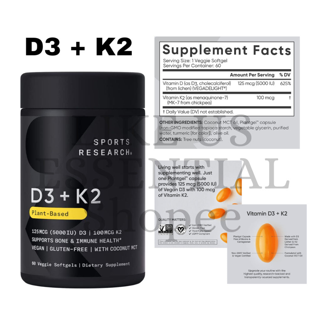 ☘️ 160  Softgel Sports Research Vitamin D3 K2 with 5000iu of Vegan D3 & 100mcg of Vitamin K2 as MK7 | Non-GMO