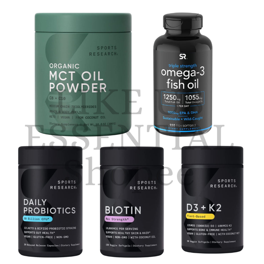 ☘️Sports Research Vitamin D3 + K2 with 5000iu / Max Strength Biotin / Triple Strength Omega 3 Fish Oil / MCT Oil Powder