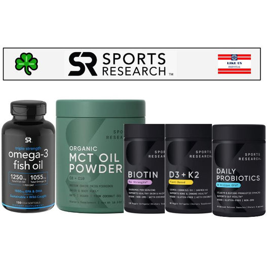 ☘️Sports Research Vitamin D3 + K2 with 5000iu / Max Strength Biotin / Triple Strength Omega 3 Fish Oil / MCT Oil Powder