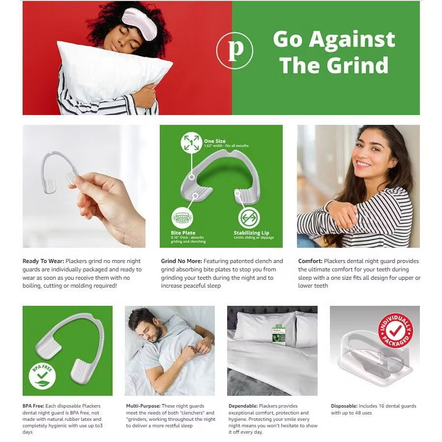 ☘️ Plackers Grind No More Night Guard, DENTAL GUARDS Nighttime Protection for Teeth, BPA Free, Sleep Well, Ready to Wear