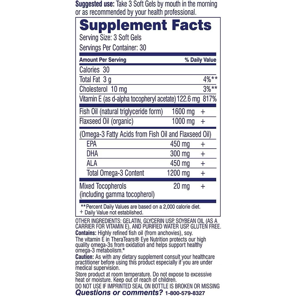 ☘️90 / 180 Soft Gel Exp 2027 Thera Tears 1200mg Omega 3 Supplement for Eye Nutrition Organic Flaxseed Theratears