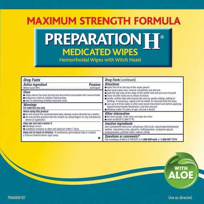 ☘️60 Wipes Preparation H Medicated Wipes, hemorrhoids wipes -Doctor Recommended Brand-THE WHITE HOUSE FIRST CHOICE!