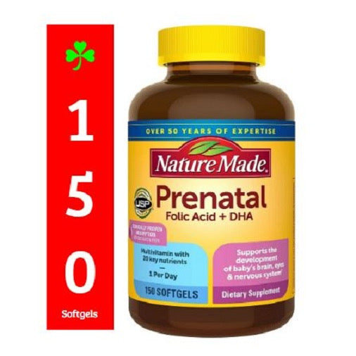 ☘️ 150 Softgels Nature Made Prenatal Folic Acid + DHA-Direct Imported From The U.S.A-Package May Vary