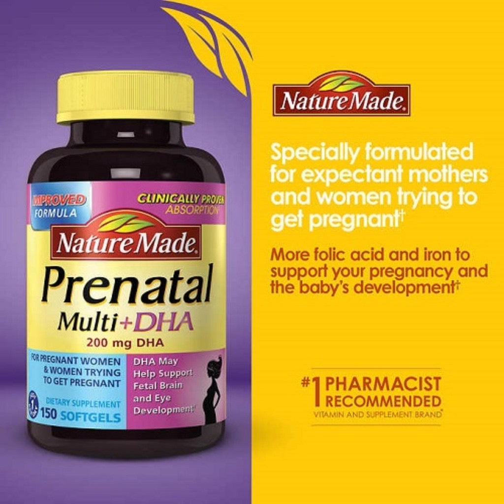 ☘️ 150 Softgels Nature Made Prenatal Folic Acid + DHA-Direct Imported From The U.S.A-Package May Vary