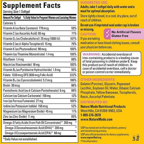 ☘️ 150 Softgels Nature Made Prenatal Folic Acid + DHA-Direct Imported From The U.S.A-Package May Vary