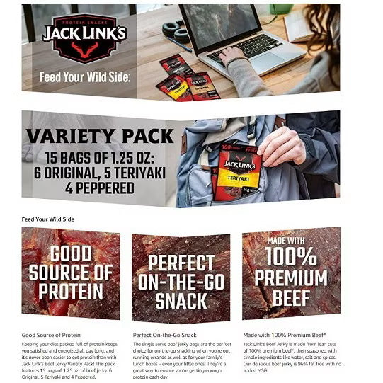 ☘️ 15x1.25oz Best B4 02/2026 Jack Link’s Beef Jerky Variety Pack Incl Original, Teriyaki & Peppered OTP