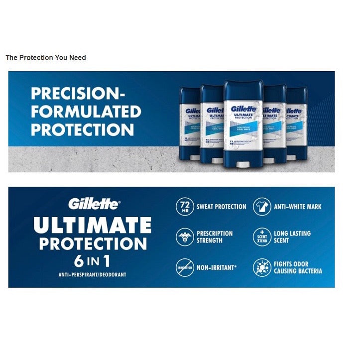 ☘️ 3.8oz Exp 09/2026 Gillette Ultimate Protection 6-in-1 Antiperspirant Deodorant Total 214g -- Import From U.S.A