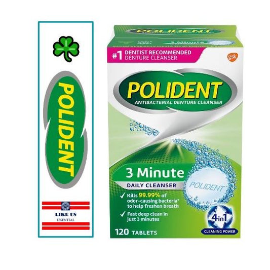 ☘️20/240 Tablets  Exp year 2026 1Polident 3-Minute Triple-Mint Antibacterial Denture Cleanser, Effervescent Tablets